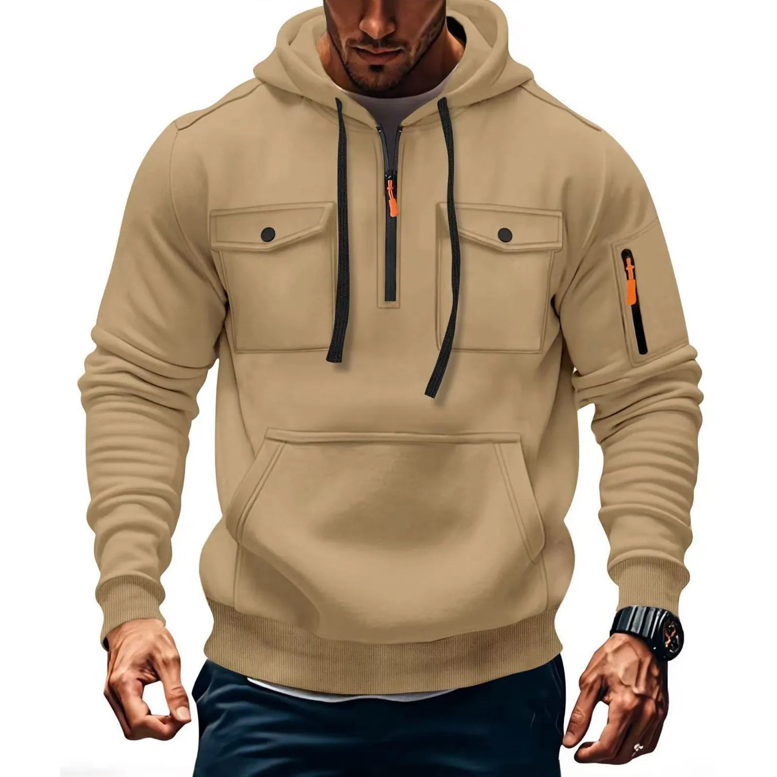 Men'S Casual Sports Hoodie, Fashion Arm Pocket Pull Rope Hooded Solid Color Loose Long-Sleeved Blouse Pullover