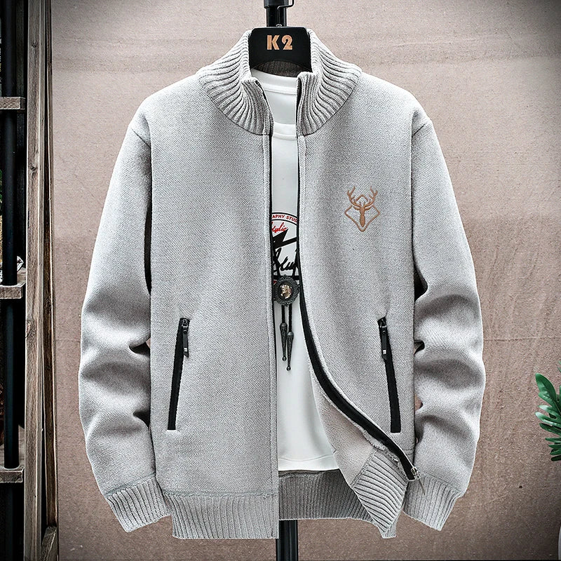 New Men's Fleece Cardigan Sweater Embroidery Casual Knit Sweater Jacket High Quality Male Autumn Winter Clothing