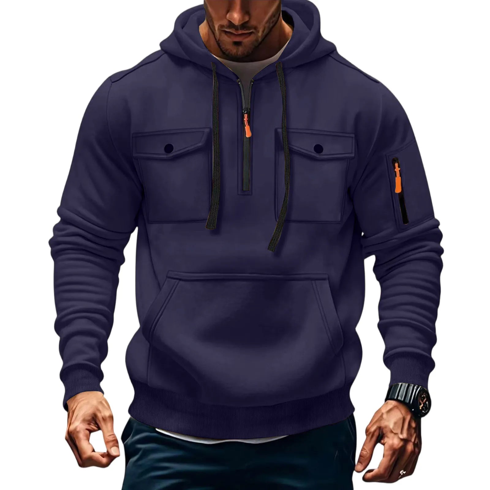 Men'S Casual Sports Hoodie, Fashion Arm Pocket Pull Rope Hooded Solid Color Loose Long-Sleeved Blouse Pullover