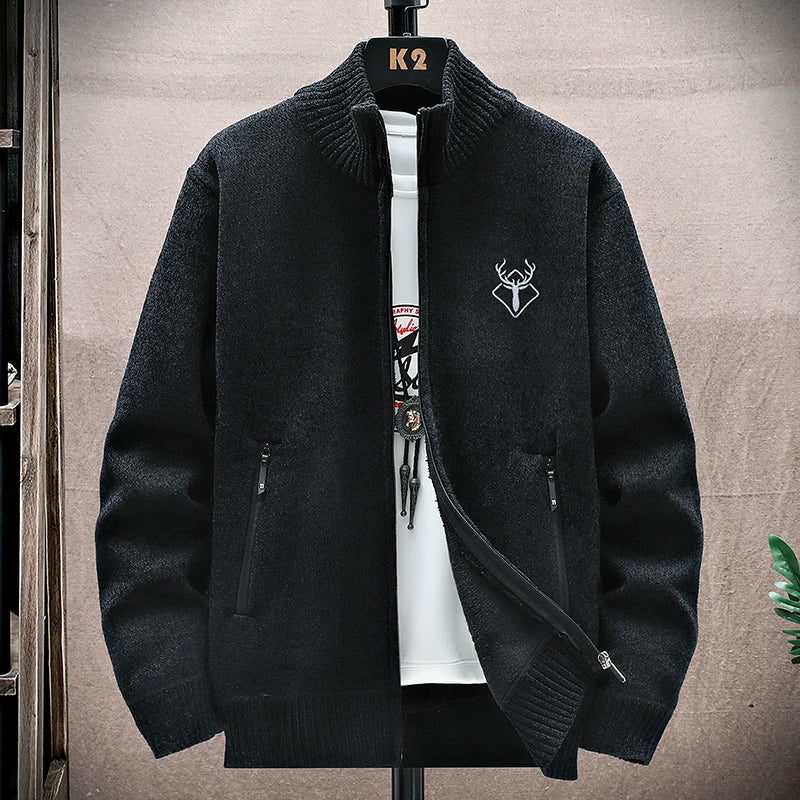 New Men's Fleece Cardigan Sweater Embroidery Casual Knit Sweater Jacket High Quality Male Autumn Winter Clothing