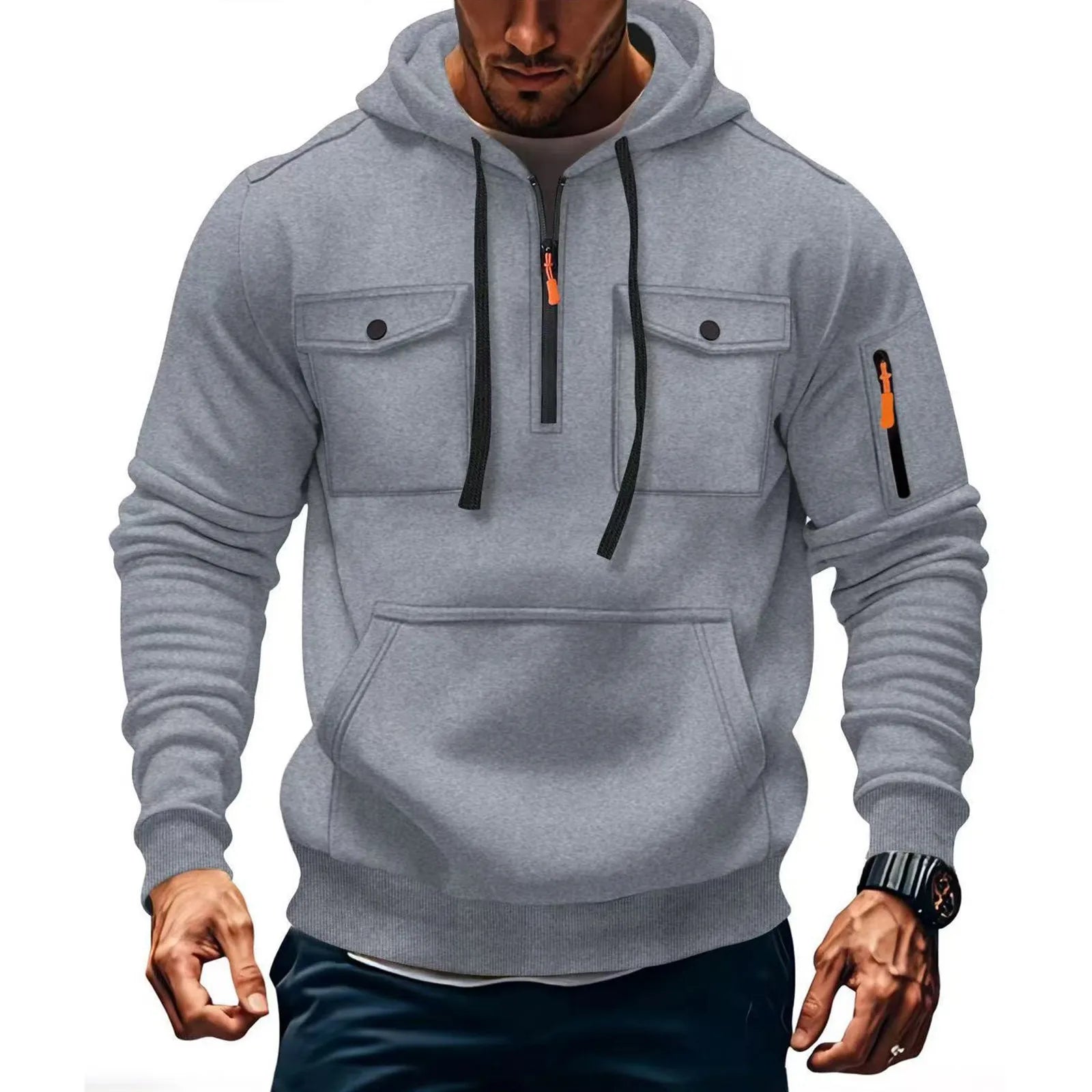 Men'S Casual Sports Hoodie, Fashion Arm Pocket Pull Rope Hooded Solid Color Loose Long-Sleeved Blouse Pullover