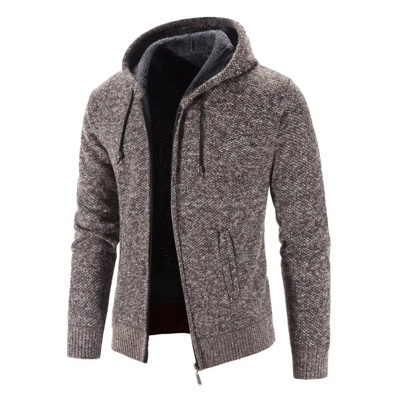 2026 Winter Fleece Cardigan Men Hooded Sweater Coat Knitted Warm Solid Fashion Hooded Cargigan Jacket Mens Casual Knit Coat Men