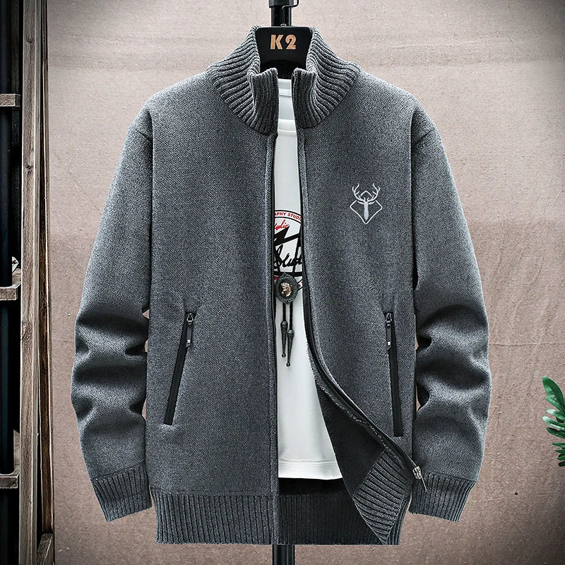 New Men's Fleece Cardigan Sweater Embroidery Casual Knit Sweater Jacket High Quality Male Autumn Winter Clothing